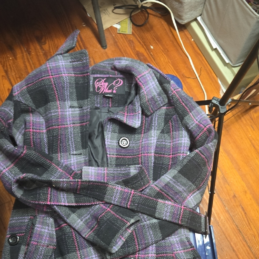 Say What? Black Plaid Pea Coat with Purple and Pink Accents